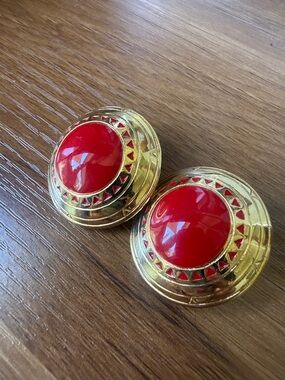 Vintage Gold-Tone Red Dome Clip-On Earrings - Berebi signed